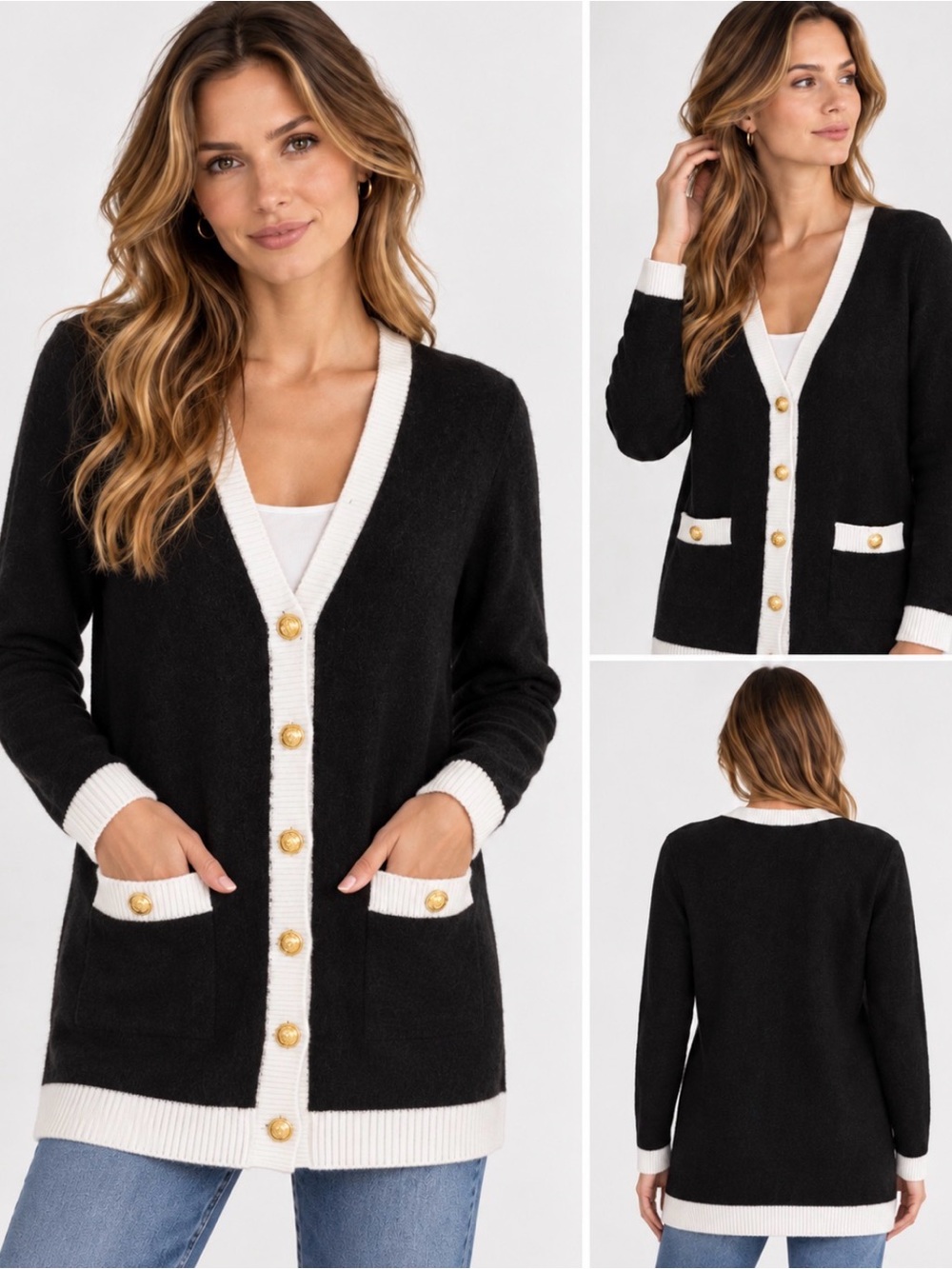Tahari Black White Contrast Trim Gold Button Cardigan Sweater XL NWT